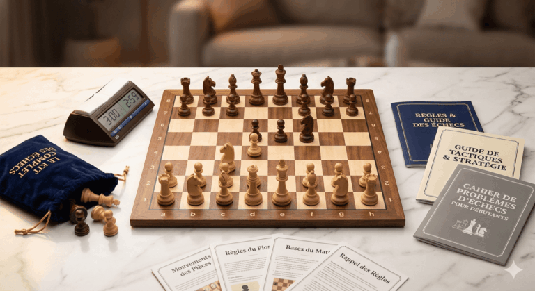 Un échiquier, une horloge compétitive, des pièces d'échecs, des guides d'apprentissages