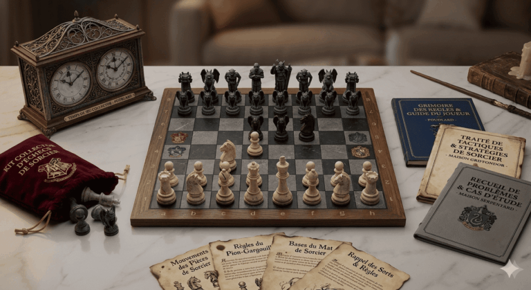 Un échiquier, une horloge compétitive, des pièces d'échecs, des guides d'apprentissages dans le style Harry Potter