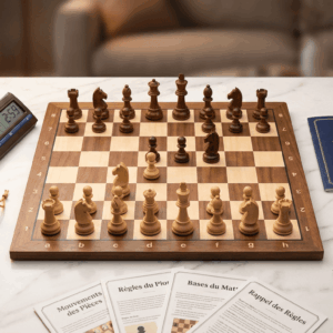 Un échiquier, une horloge compétitive, des pièces d'échecs, des guides d'apprentissages